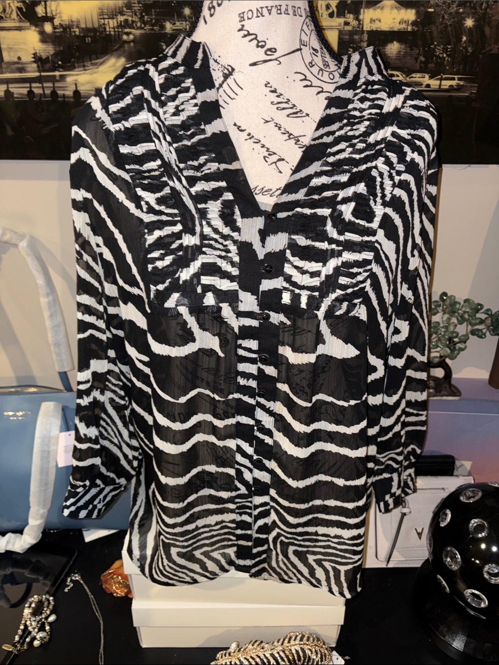 Jones New York Black and White Zebra-Print Button Front Shirt